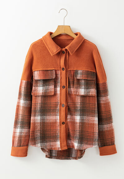 Stevvex plaid button-up long sleeve jacket with orange solid yoke and plaid lower panels on Tampa Home & Garden Store