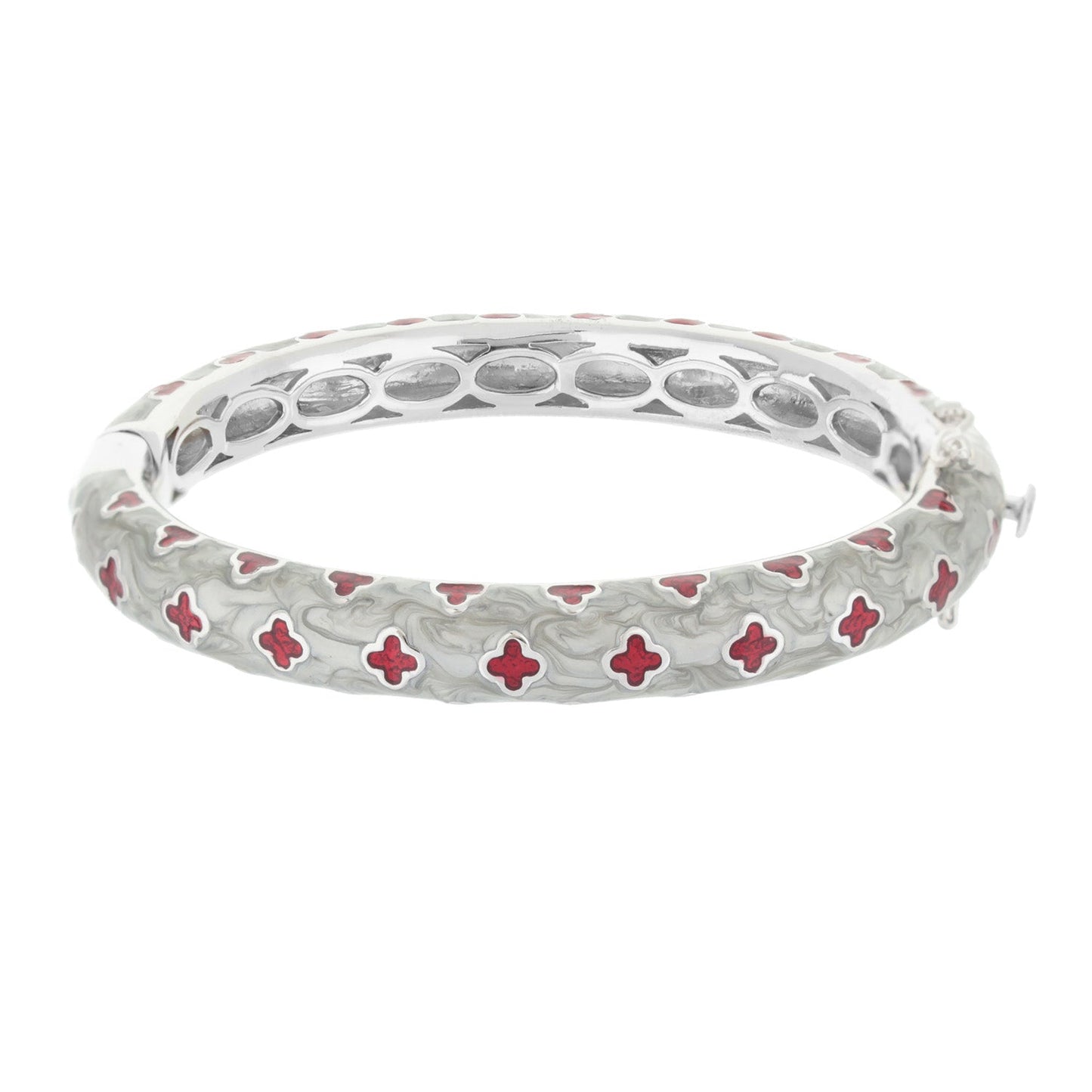Art Deco Stackable Bangle by Lauren G Adams, white marbled enamel with red quatrefoil accents on Tampa Home & Garden Store