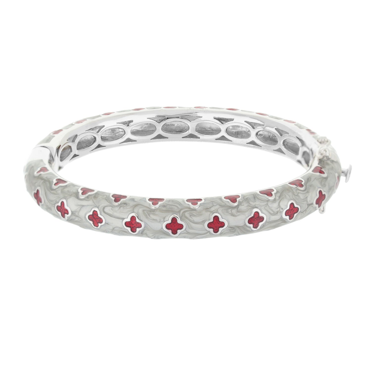 Art Deco Stackable Bangle by Lauren G Adams, white marbled enamel with red quatrefoil accents on Tampa Home & Garden Store