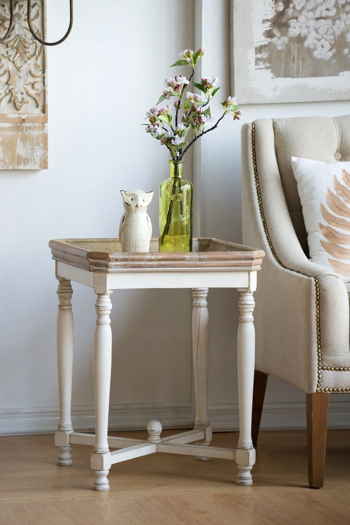 Narrow Alcott side table with distressed white legs and light brown wood top, 2 decor items on Tampa Home & Garden Store