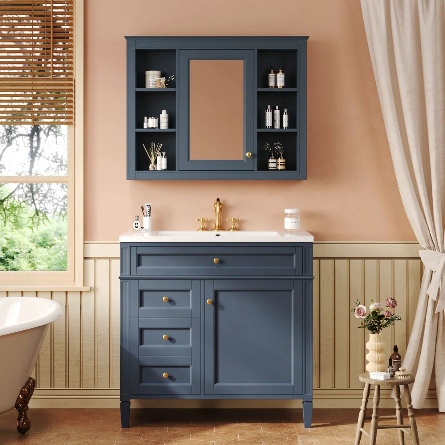 Bathroom vanity with mirror cabinet in navy; single sink, 2 soft-close doors, 4 drawers, on Tampa Home & Garden Store