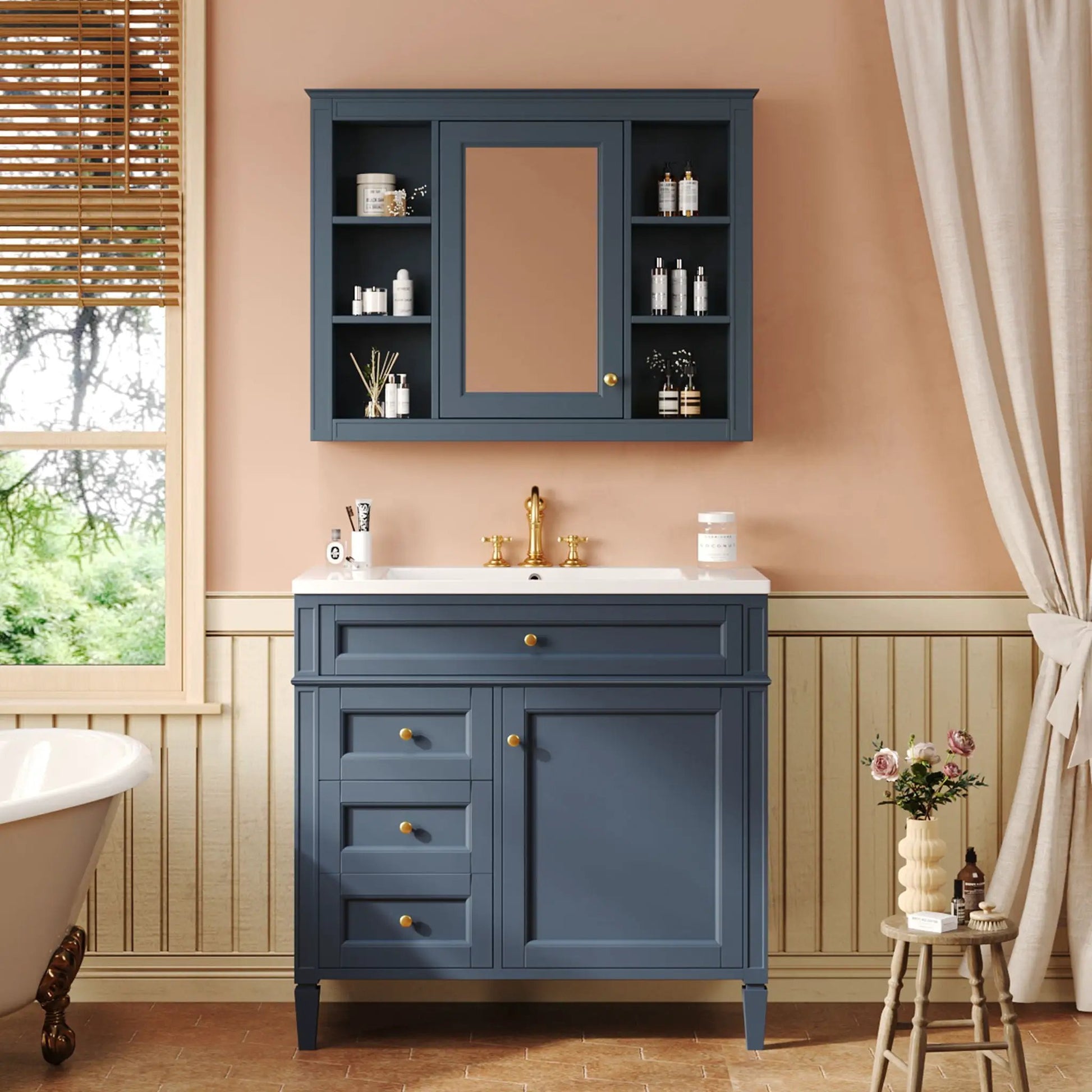 Bathroom vanity with mirror cabinet in navy; single sink, 2 soft-close doors, 4 drawers, on Tampa Home & Garden Store