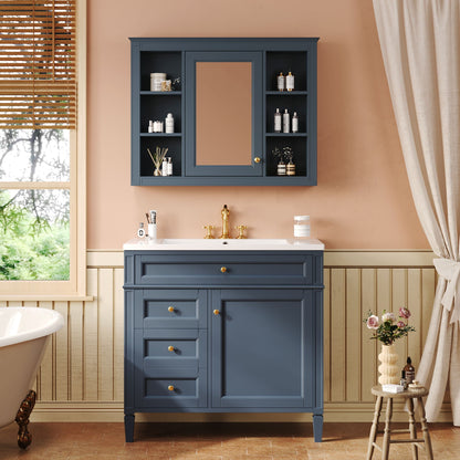 Bathroom vanity with mirror cabinet and single sink navy HouseOfZazla soft-closing doors on Tampa Home & Garden Store