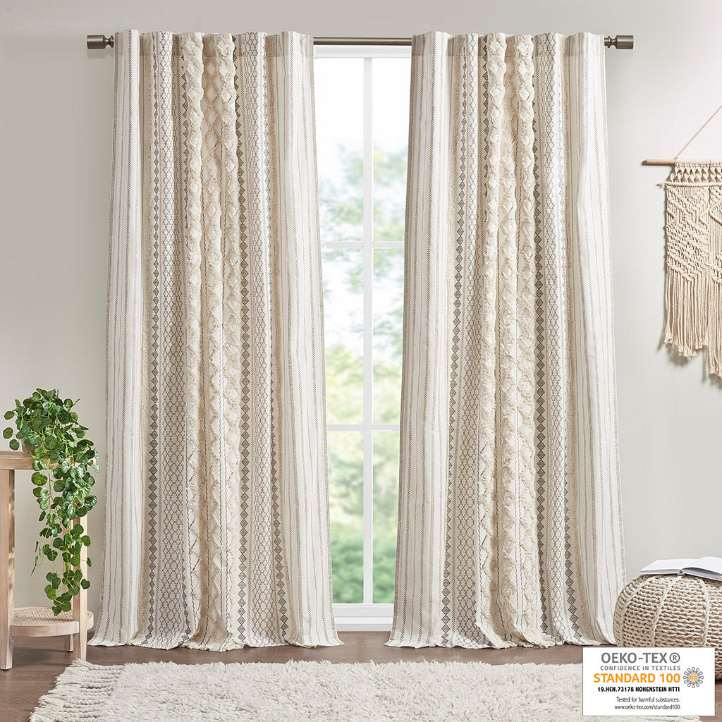 Cotton printed curtain panel ivory with chenille stripe and lining, 50x84, set of 2 on Tampa Home & Garden Store
