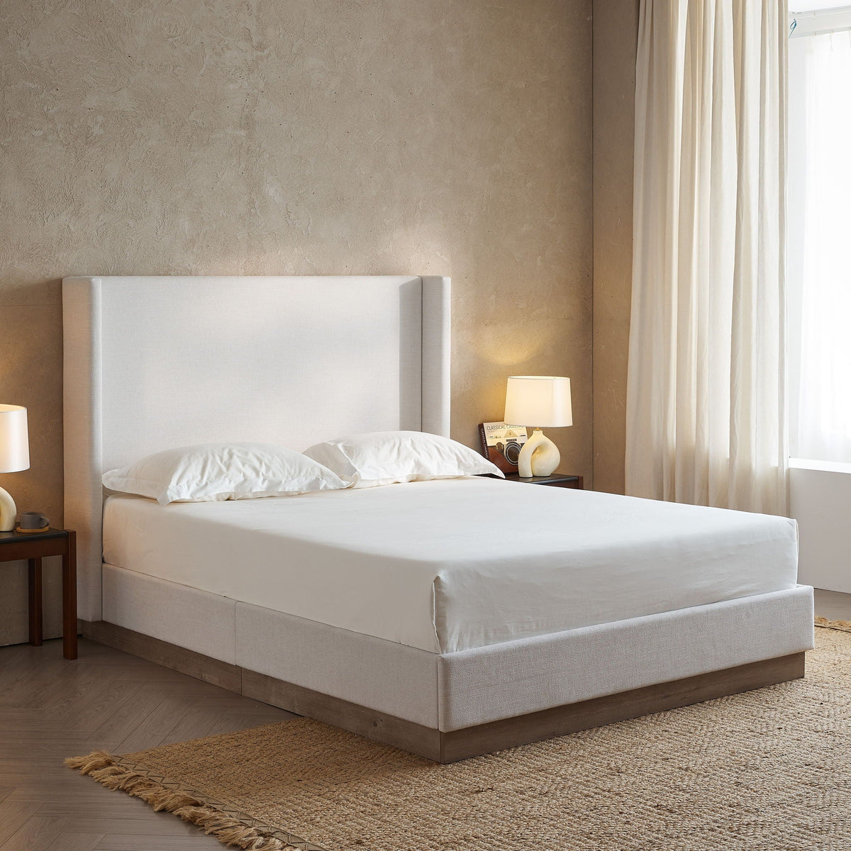 Hosford minimalist upholstered wingback bed in beige fabric with wood base by HouseOfZazla on Tampa Home & Garden Store