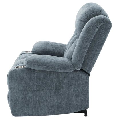 Beca upholstered power lift recliner in blue-gray fabric with built-in cupholders on Tampa Home & Garden Store