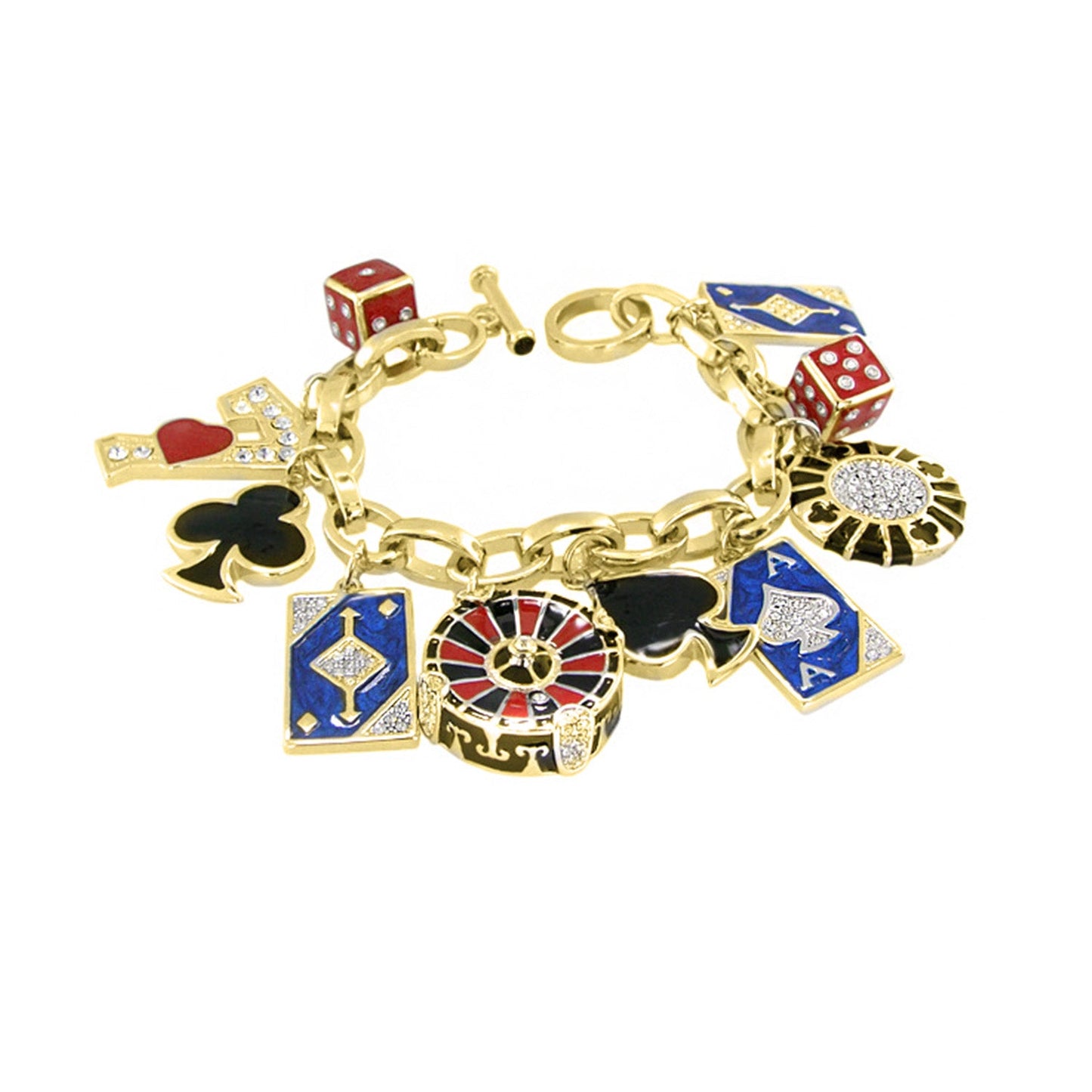 Lauren G Adams Players Club charm bracelet in gold with dice, roulette wheel and card charms on Tampa Home & Garden Store