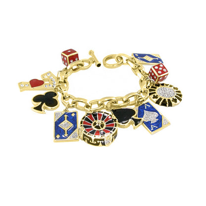 Lauren G Adams Players Club charm bracelet in gold with dice, roulette wheel and card charms on Tampa Home & Garden Store
