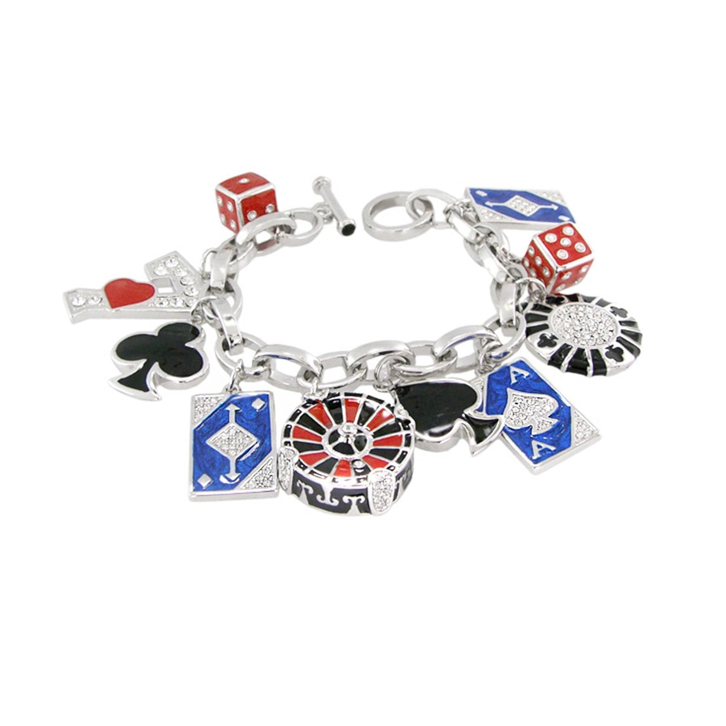 Players Club Charm Bracelet with casino charms: red dice, roulette wheel, blue cards on Tampa Home & Garden Store