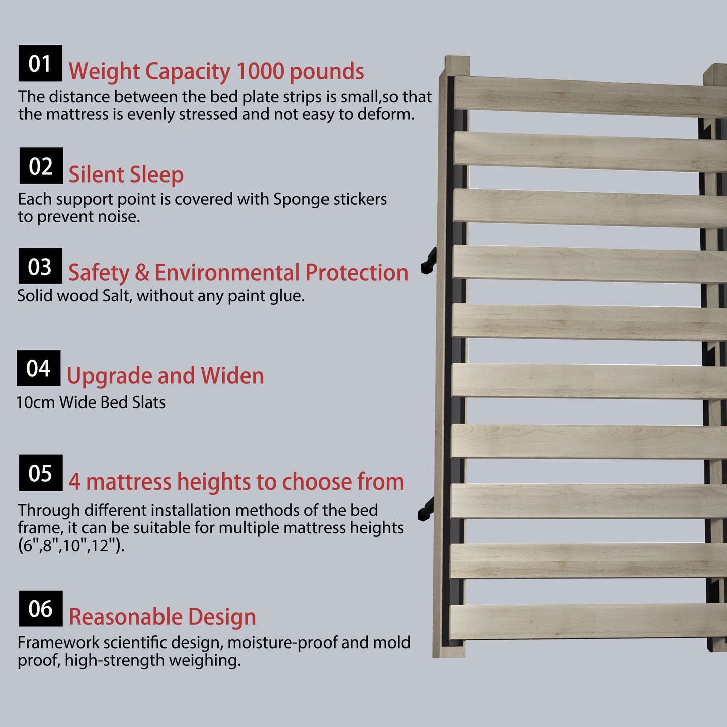 Upholstered platform bed infographic layout with a light wooden slat frame on the right on Tampa Home & Garden Store