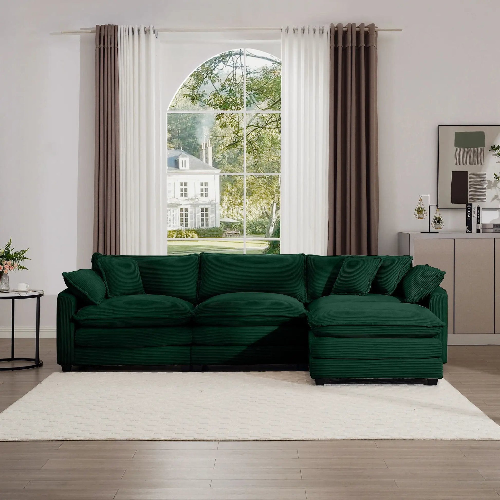 Modern oversized modular cushion sofa set, 3-piece, with emerald cushions and ottoman in a living room on Tampa Home & Garden Store