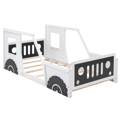 Classic car shaped platform bed with wheels, white wood frame, black panels HouseOfZazla on Tampa Home & Garden Store