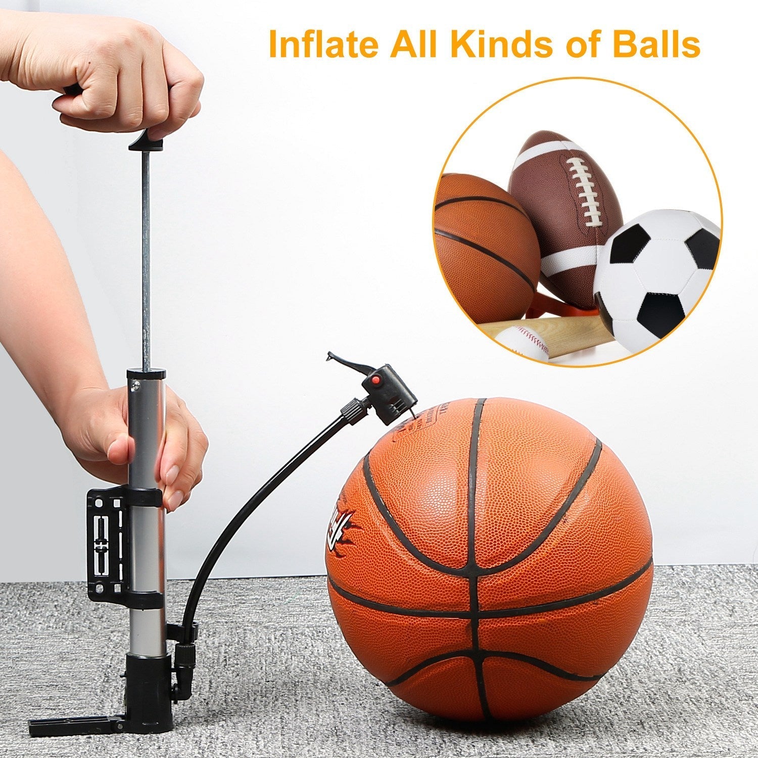 GemGear mini bike pump tire inflator mounted on bike frame with 3 sports balls inset on Tampa Home & Garden Store