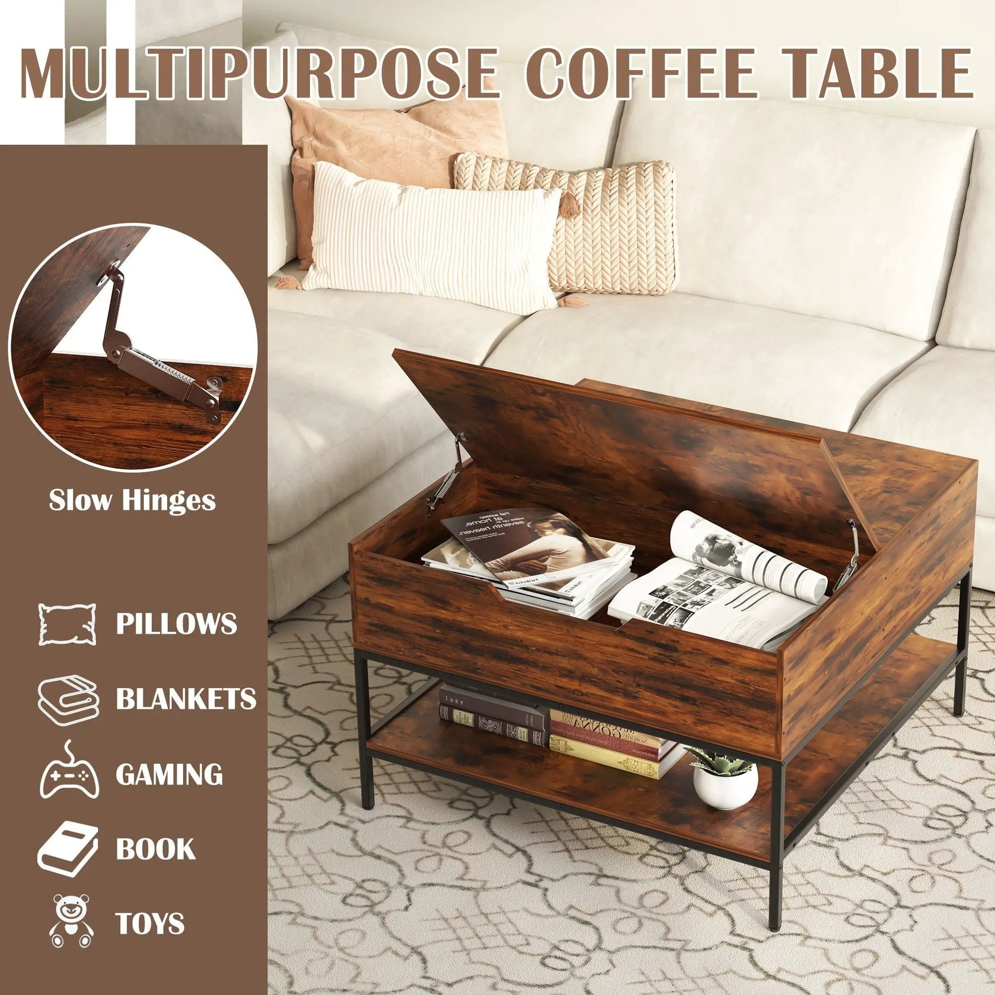 Rustic flip-top coffee table with hidden storage in black brown wood, magazines visible on Tampa Home & Garden Store