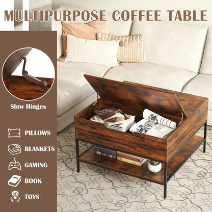 Rustic flip-top coffee table with hidden storage in black brown wood, magazines visible on Tampa Home & Garden Store
