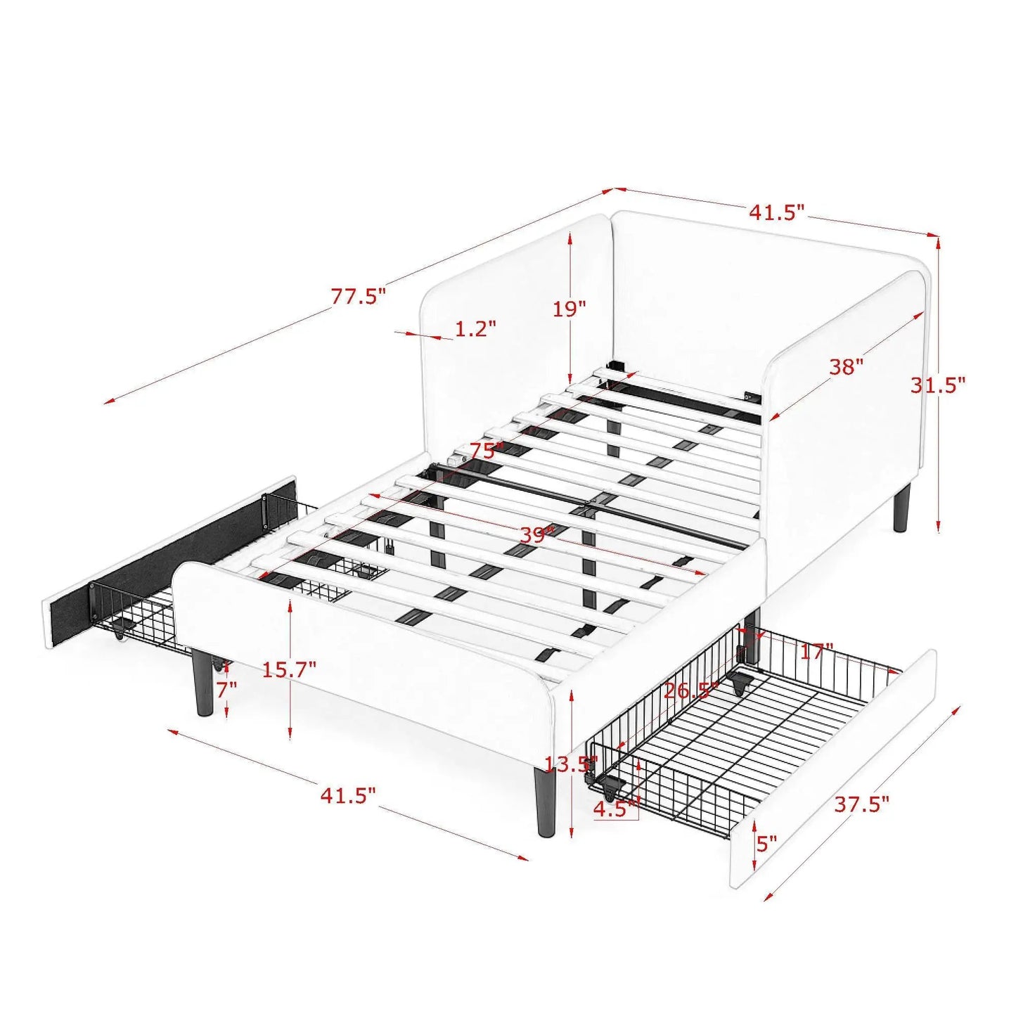 Upholstered Bed Frame With Drawers and Sofa Bed