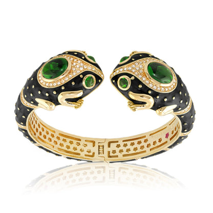 Animal Paradise Bangle Double Frog Cuff bracelet with black enamel, gold trim green cabochons on Tampa Home & Garden Store