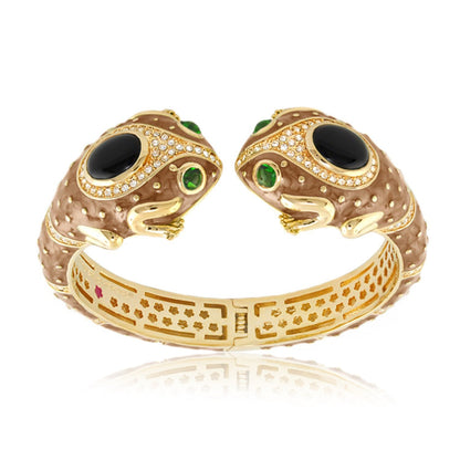 Animal Paradise Bangle Double Frog Cuff bracelet by Lauren G Adams, gold-tone with black eyes on Tampa Home & Garden Store