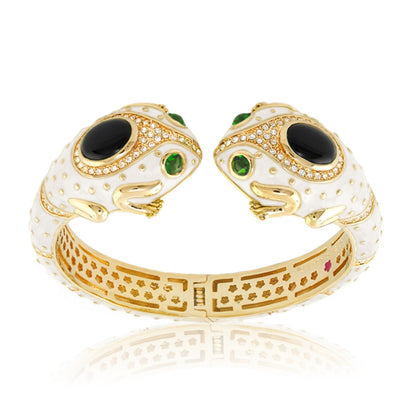Animal Paradise Bangle Double Frog Cuff bracelet by Lauren G Adams, gold-tone with white enamel on Tampa Home & Garden Store
