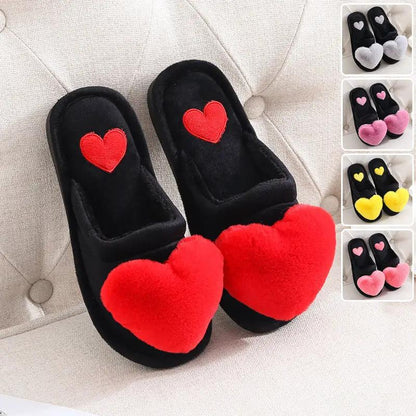 Black plush love-heart slippers with red hearts; cozy indoor footwear; color options shown on Tampa Home & Garden Store