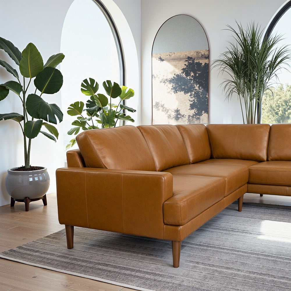Corbin L-Shaped Sectional Sofa in caramel tan leather with tapered wood legs on Tampa Home & Garden Store