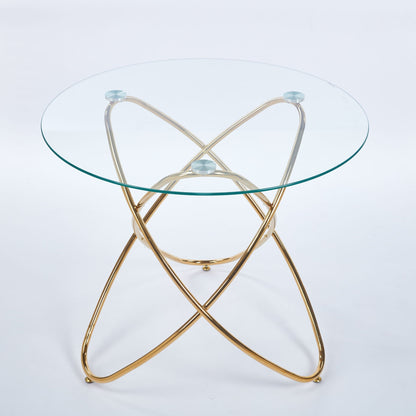 Gold metal leg dining table with round tempered glass top and turquoise caps on Tampa Home & Garden Store