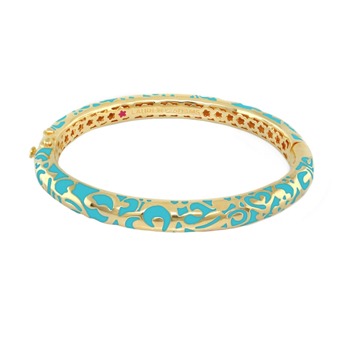 Hidden Hearts Bangle by Lauren G Adams in gold-tone with turquoise enamel and safety lock on Tampa Home & Garden Store