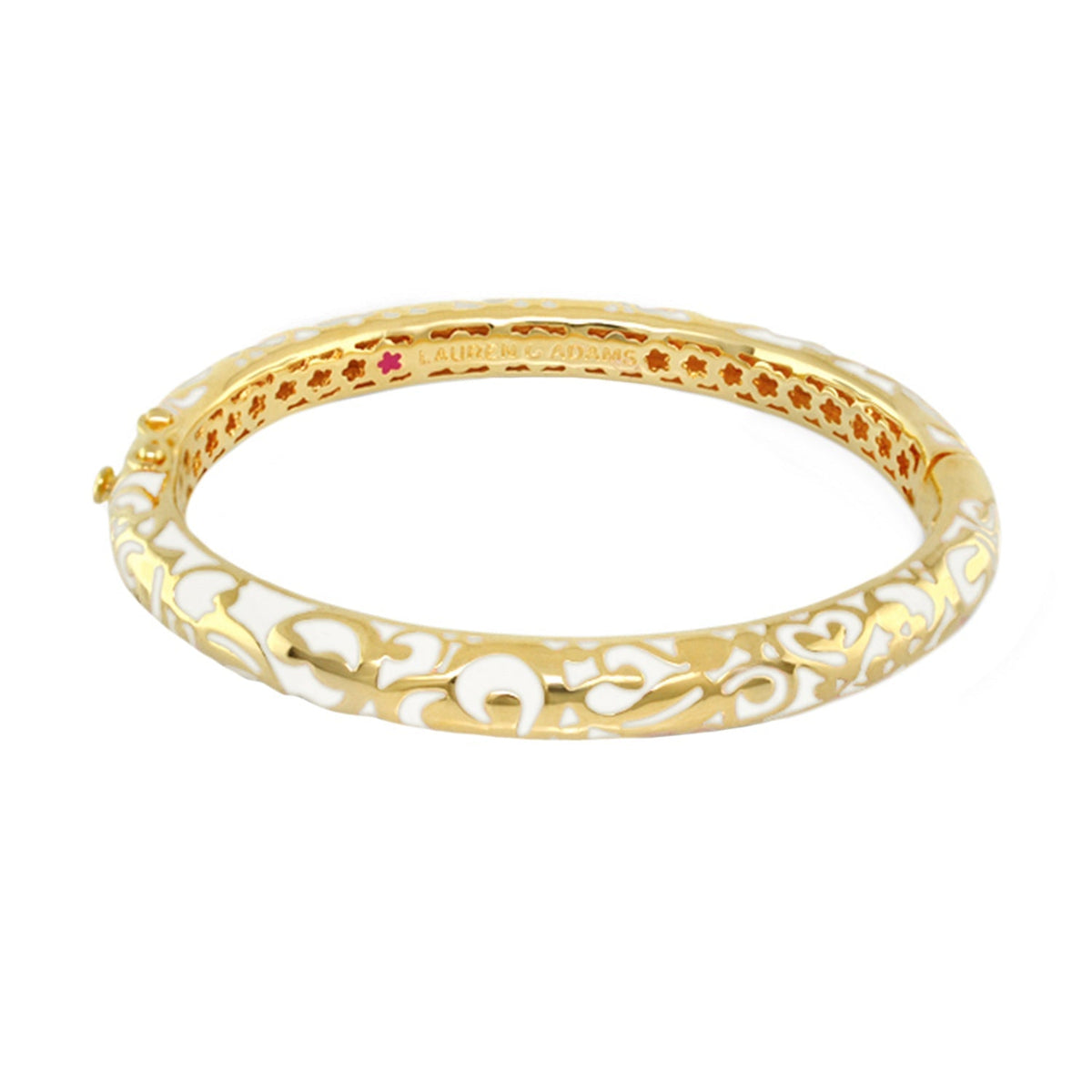 Hidden Hearts Bangle gold tone hinged bracelet with white enamel heart filigree by Lauren G Adams on Tampa Home & Garden Store