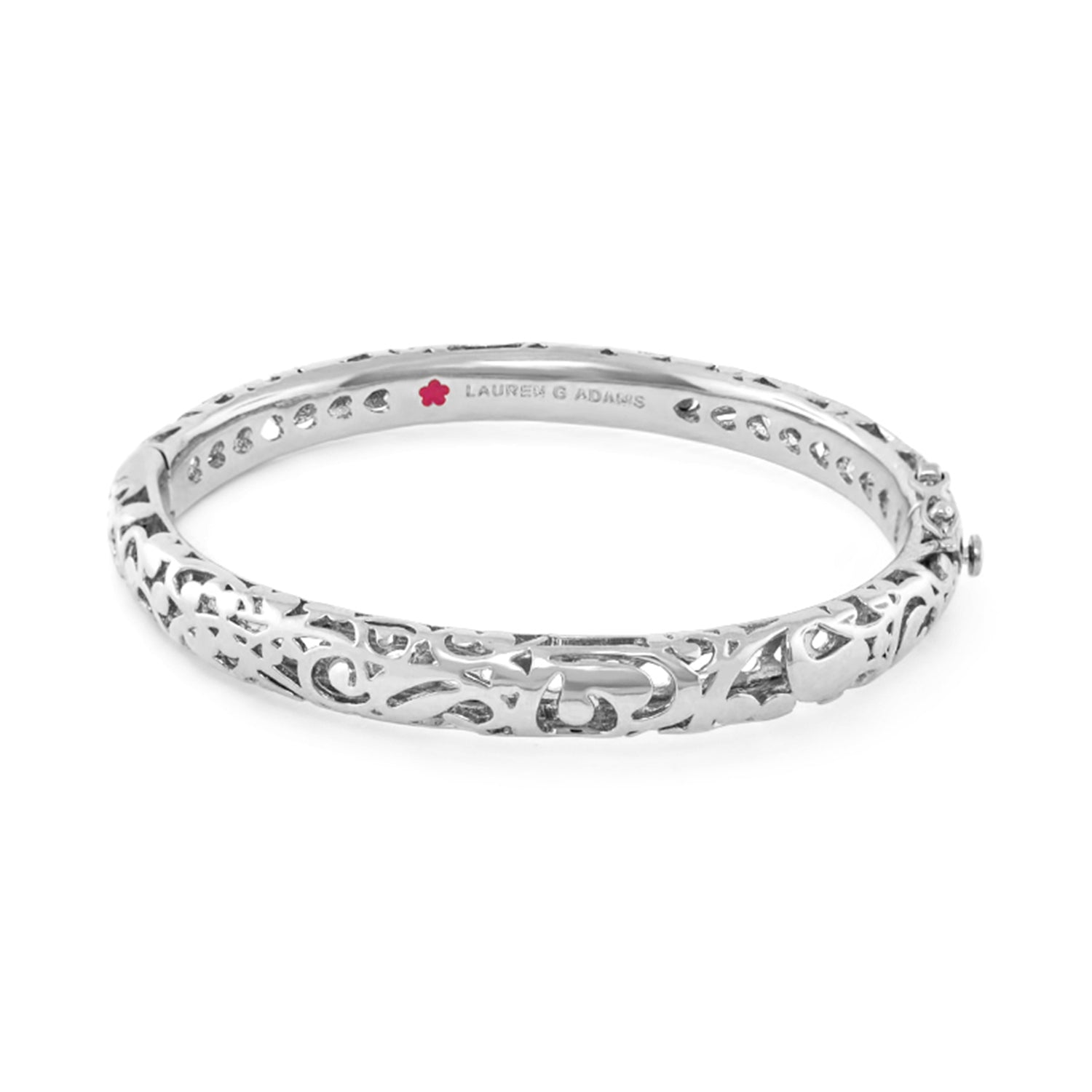 Hidden Hearts Bangle hinged bracelet in silver with filigree heart motif, Lauren G Adams on Tampa Home & Garden Store