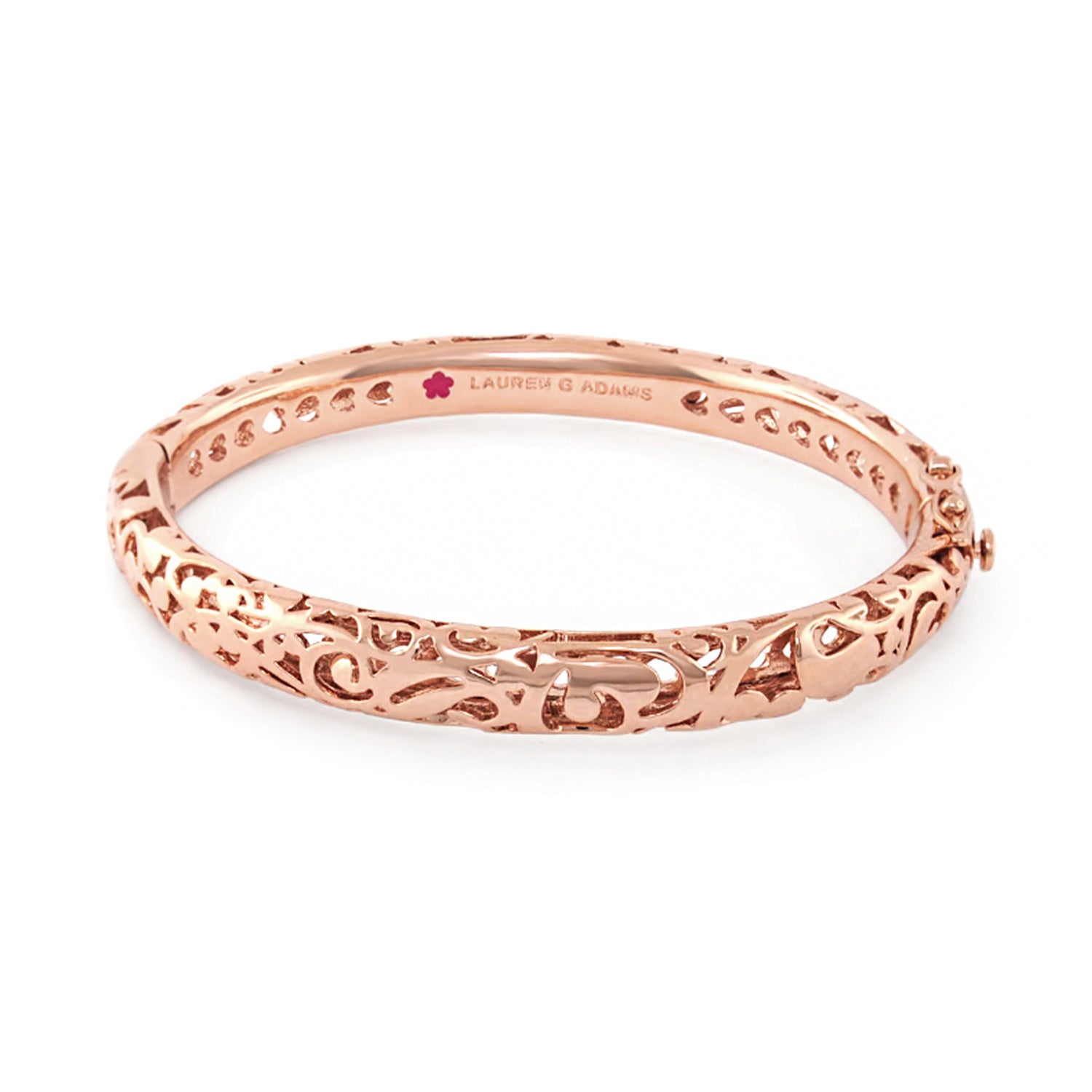 Hidden Hearts Bangle by Lauren G Adams, rose gold hinged bracelet with filigree hearts on Tampa Home & Garden Store