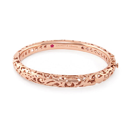 Hidden Hearts Bangle by Lauren G Adams, rose gold hinged bracelet with filigree hearts on Tampa Home & Garden Store