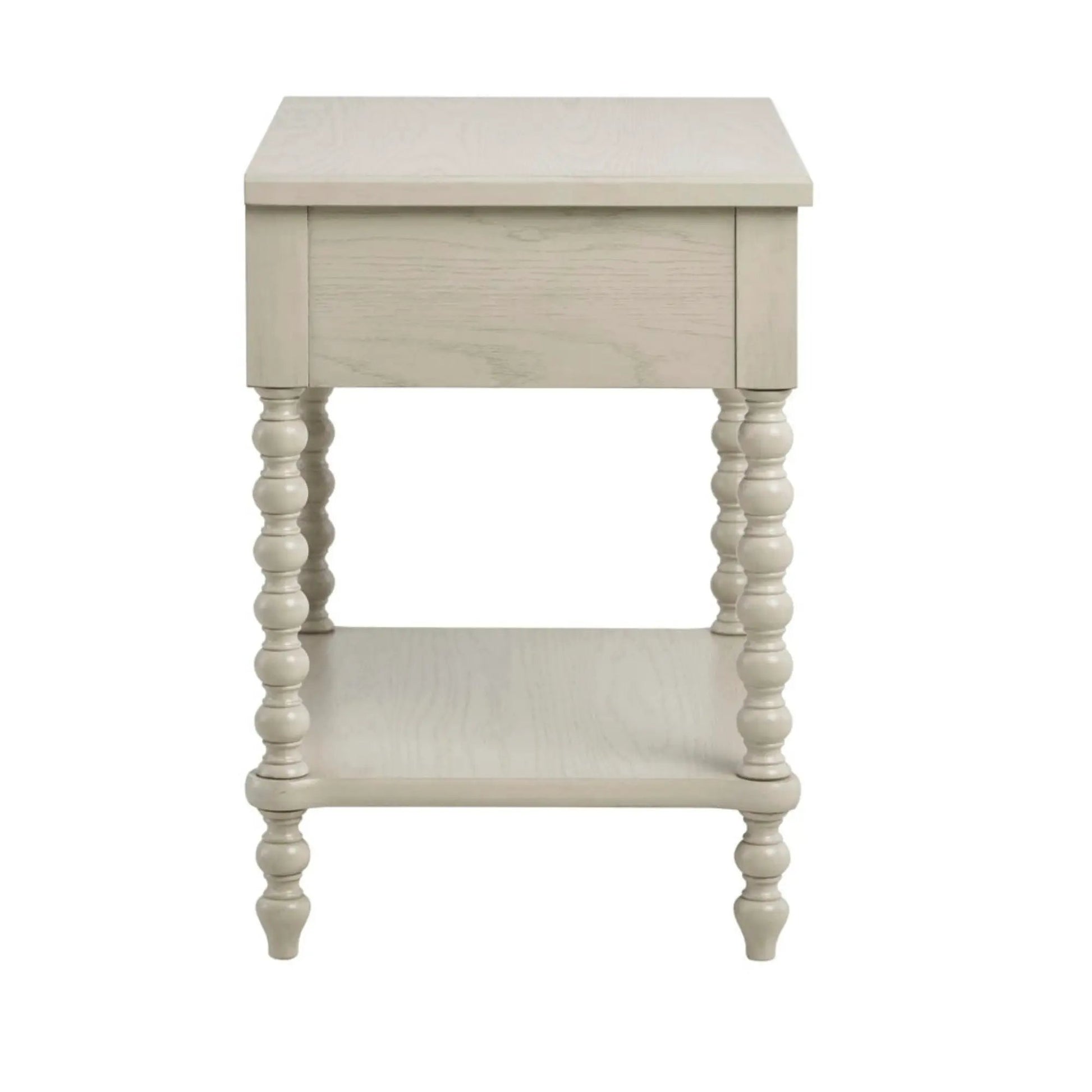 Traditional durable nightstand with drawer and shelf in pale wood, features turned legs on Tampa Home & Garden Store