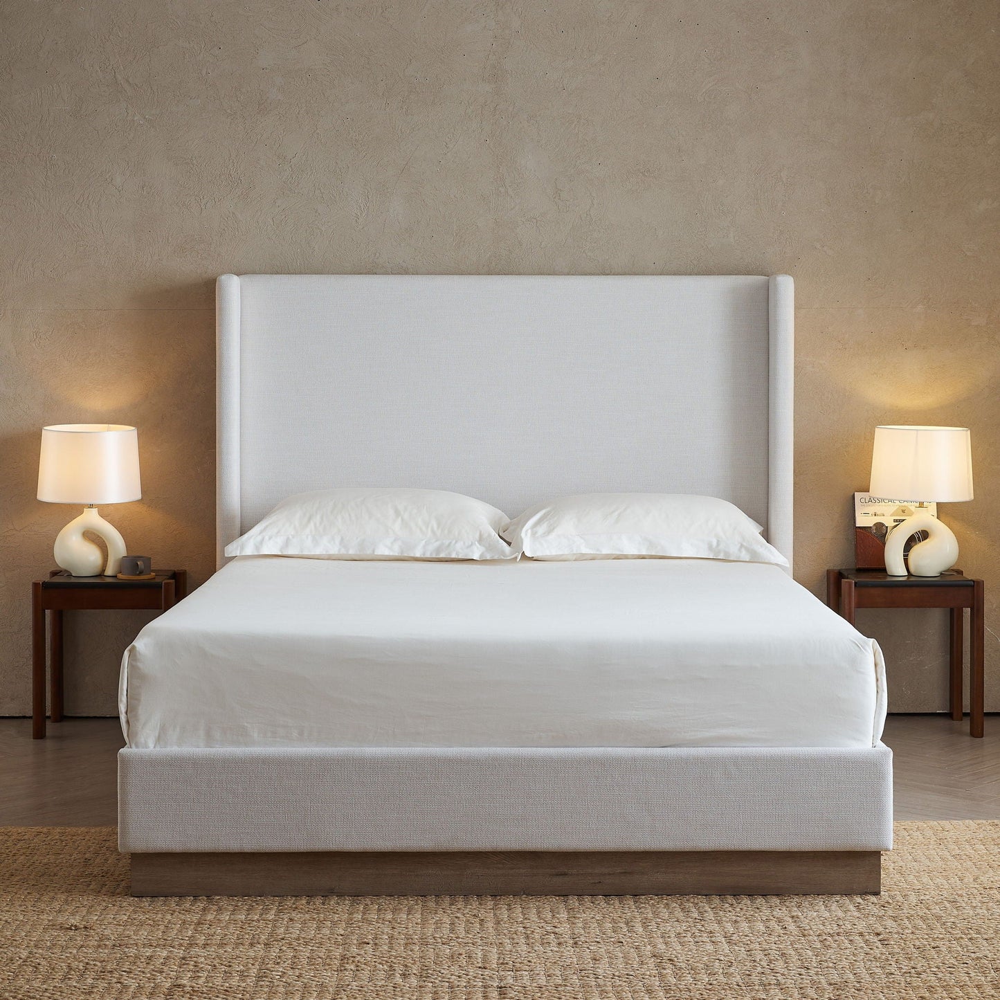 Hosford minimalist upholstered wingback bed by HouseOfZazla in light gray fabric on Tampa Home & Garden Store