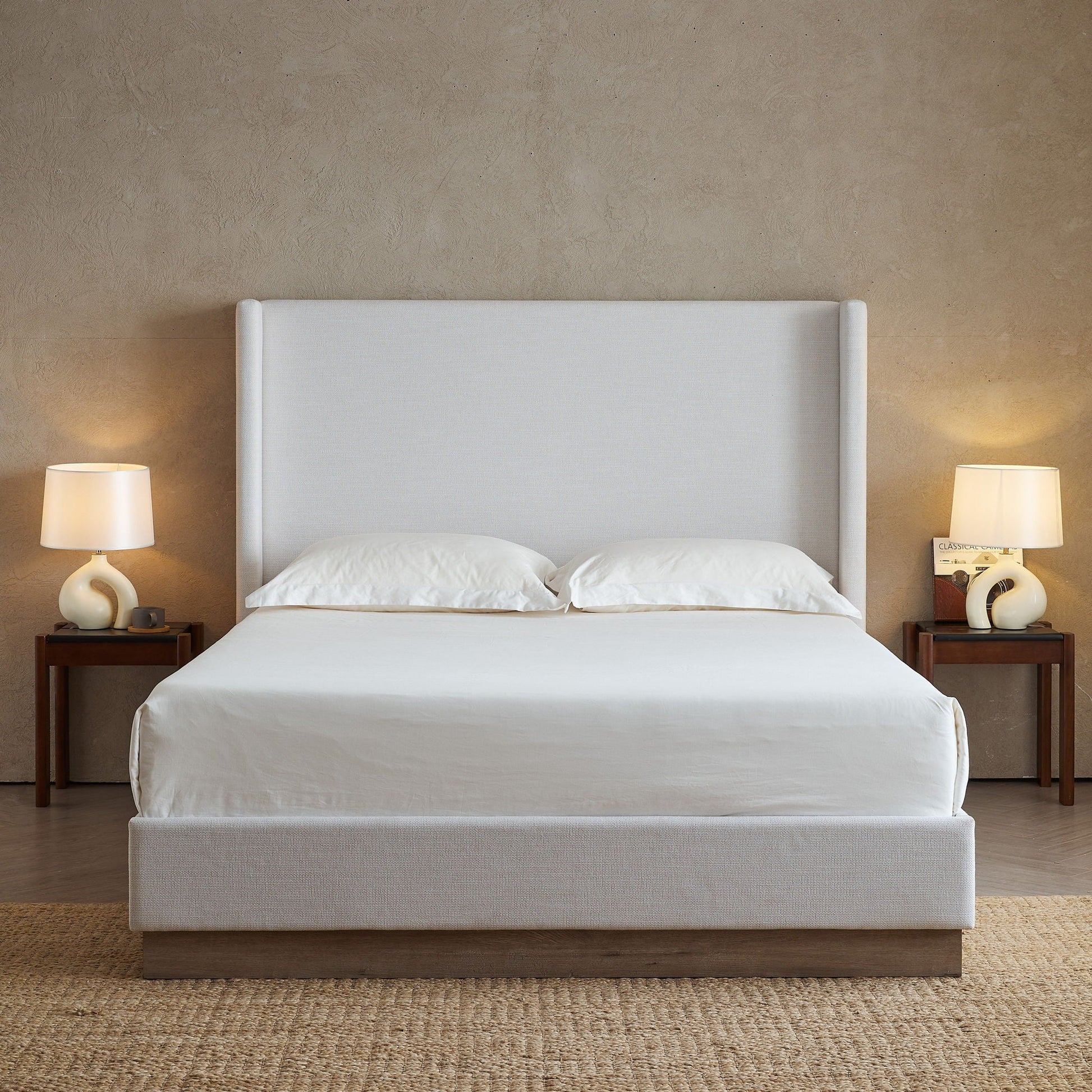Hosford minimalist upholstered wingback bed by HouseOfZazla in light gray fabric on Tampa Home & Garden Store