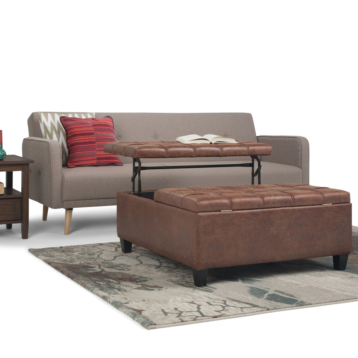 Harrison Tufted Lift Top Storage Ottoman brown faux leather with lift-top storage and dark legs on Tampa Home & Garden Store