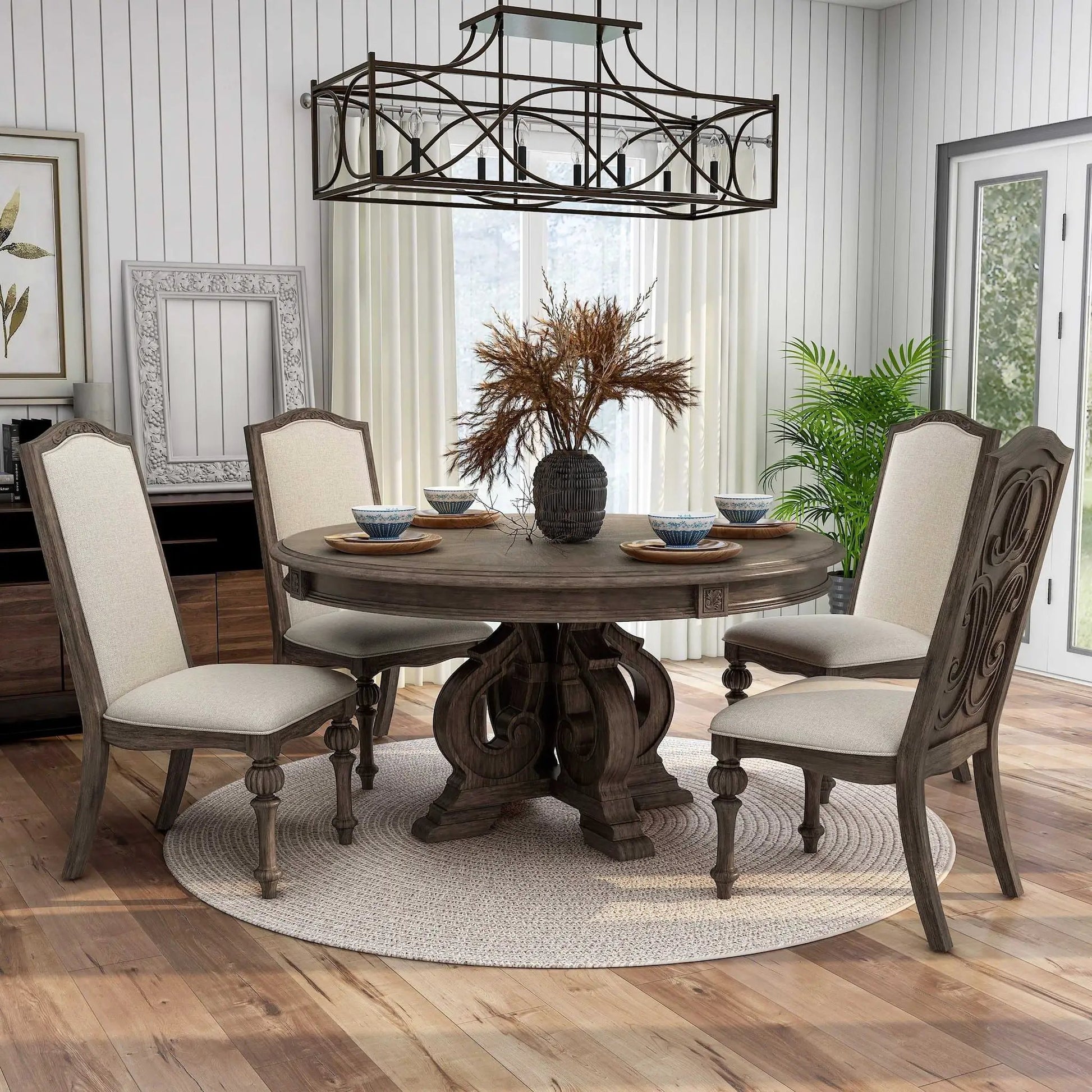 Elegant 7-piece round dining set with dark wood table and beige upholstered chairs on Tampa Home & Garden Store