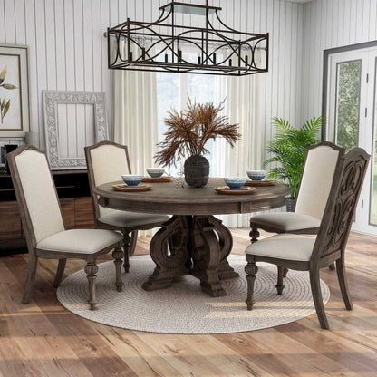 Elegant 7-piece round dining set with dark wood table and beige upholstered chairs on Tampa Home & Garden Store
