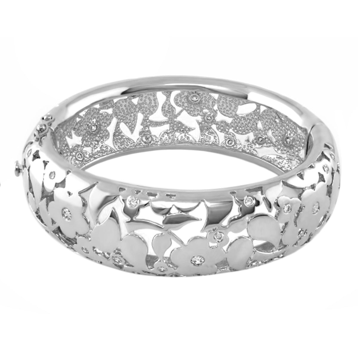 Openwork blossom bangle bracelet in silver-tone with floral motif and crystal accents on Tampa Home & Garden Store