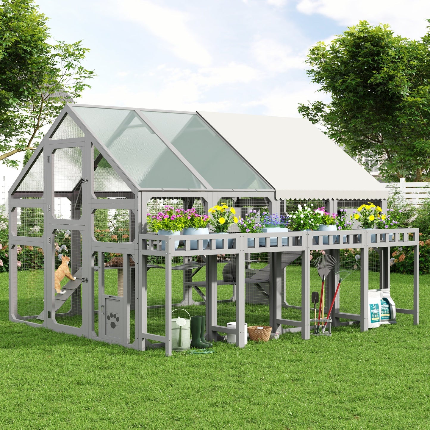 Large Outdoor Cat House with Planter Stand