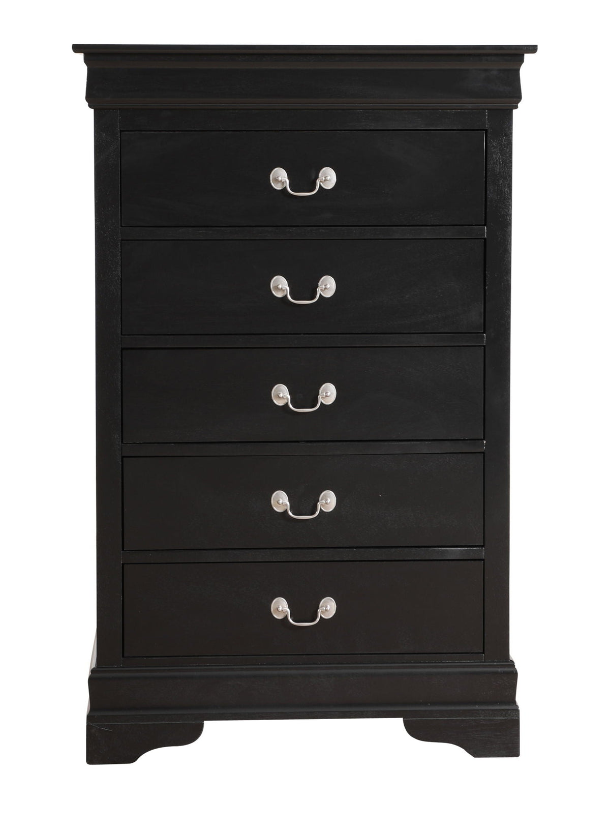 Classic carved accent chest with English dovetail drawers in black finish and silver pulls on Tampa Home & Garden Store