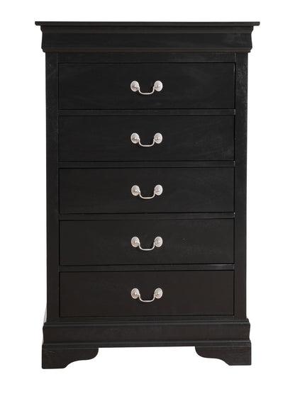 Classic carved accent chest with English dovetail drawers in black finish and silver pulls on Tampa Home & Garden Store