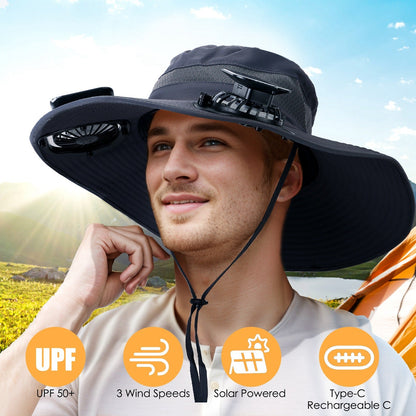 Outdoor wide brim sun hat with 2 fans, GemGear, UPF50+, nylon mesh, solar powered, 3 wind speeds on Tampa Home & Garden Store