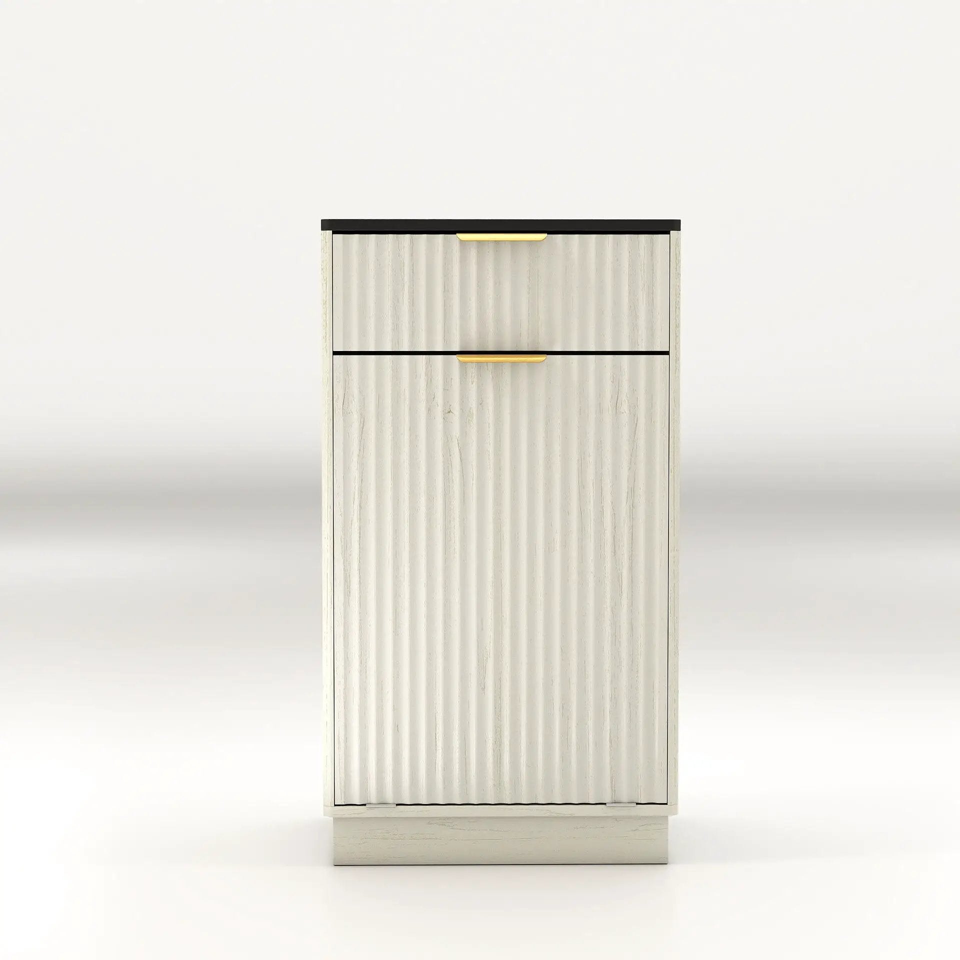Tilt Out Trash Can Cabinet with wave-textured drawer, pull-out bin, white finish, gold handles on Tampa Home & Garden Store