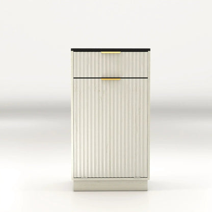Tilt Out Trash Can Cabinet with wave-textured drawer, pull-out bin, white finish, gold handles on Tampa Home & Garden Store