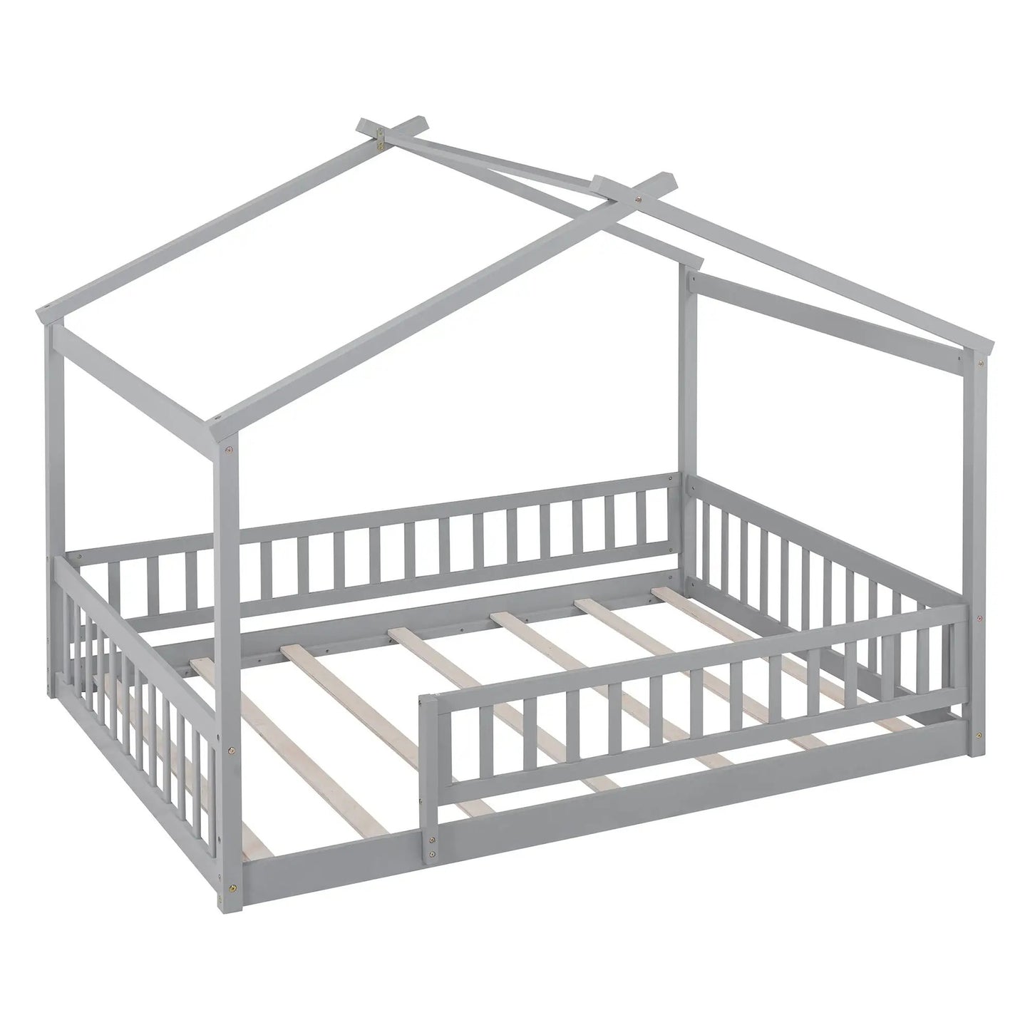 Bed House Bed Frame With Fence canopy bed in grey with cross braces and slatted base on Tampa Home & Garden Store