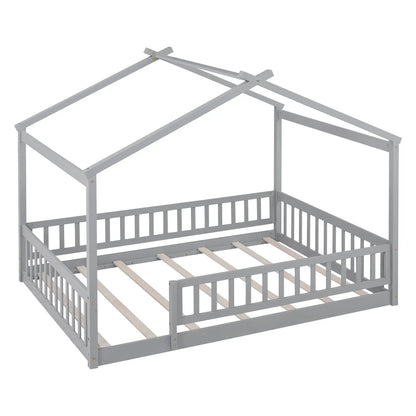 Bed House Bed Frame With Fence canopy bed in grey with cross braces and slatted base on Tampa Home & Garden Store