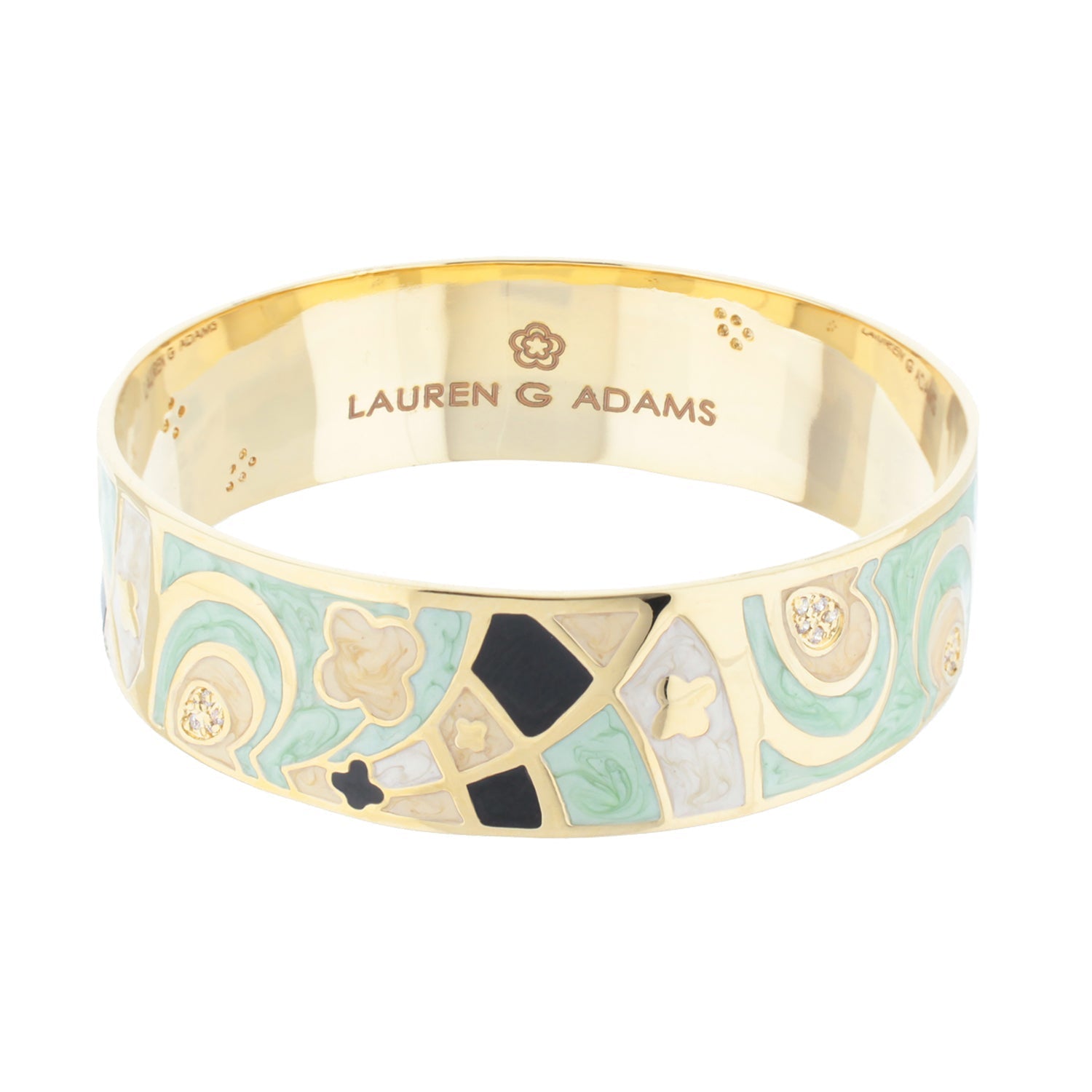 Fun Clover Bangle bracelet by Lauren G Adams with gold-tone enamel mosaic in pastel greens on Tampa Home & Garden Store