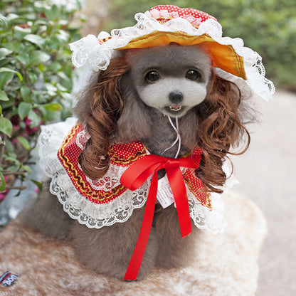 Dog Christmas costume with lace bonnet and red bow by Pet Zen on Tampa Home & Garden Store