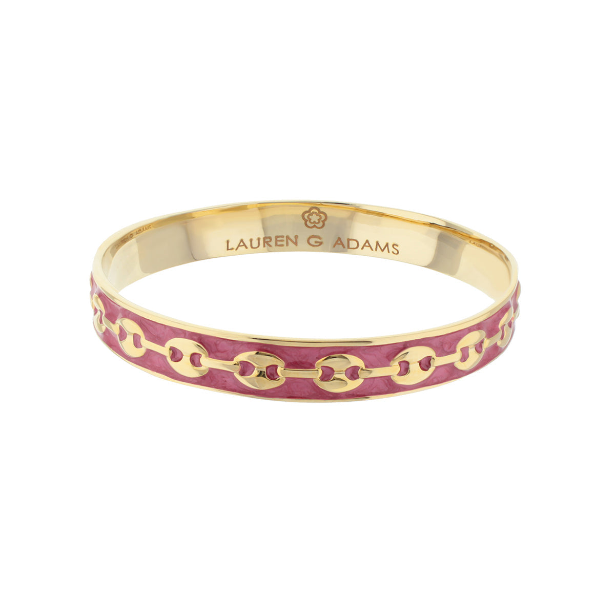 Milano Bangle by Lauren G Adams, gold-tone bracelet with pink enamel chain-link trim on Tampa Home & Garden Store