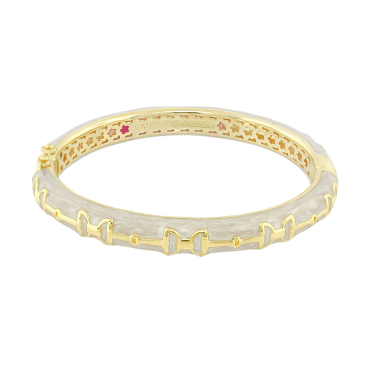 Equestrian Stirrup Bangle hinged bracelet in gold-tone with white marbled panel, Lauren G Adams on Tampa Home & Garden Store